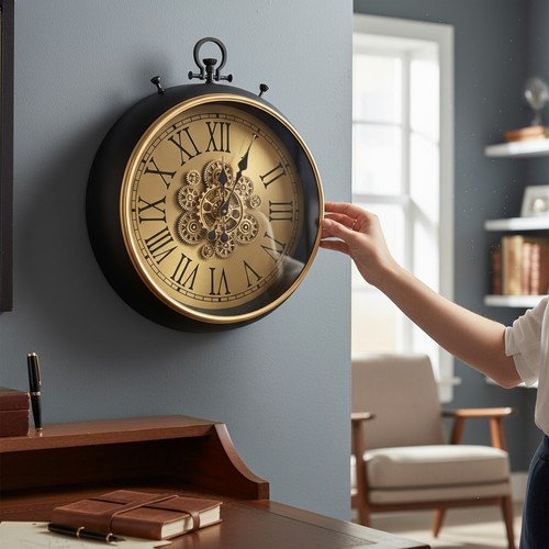 Gear clock black gold 60cm - black,