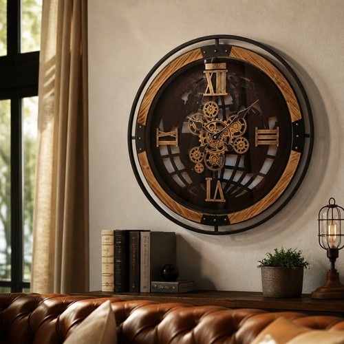 Gear clock black wood 60cm - clock,